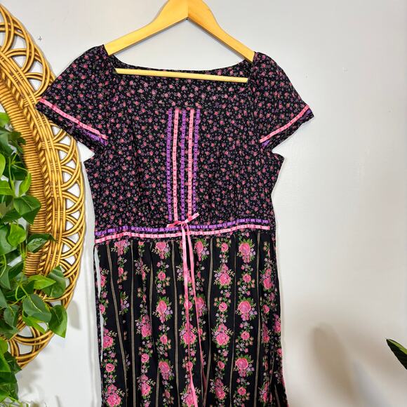 Handmade Black Pink Floral Prairie Maxi Dress Rickrack Cottagecore Dark Winter - Picture 7 of 8